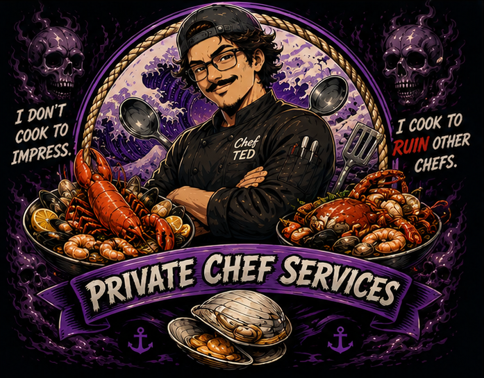 Chef Ted private chef character art with seafood, skulls, and purple neon.