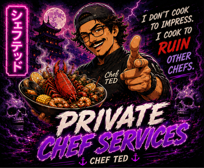 Private chef services square poster with Chef Ted, seafood, skulls, and purple neon lettering.