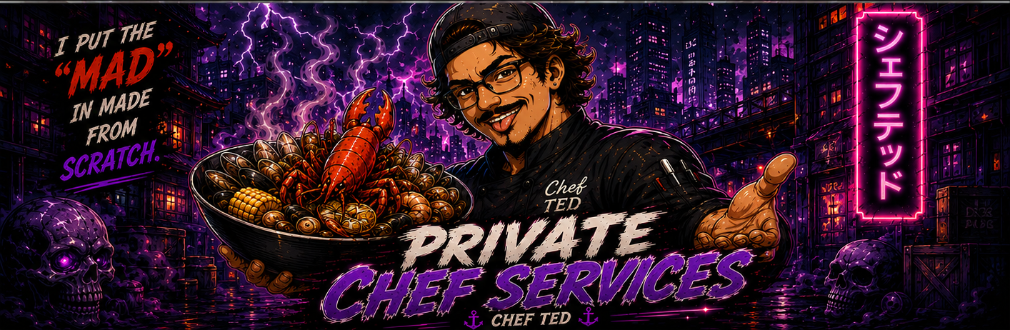 Ultrawide private chef services anime seafood banner for Chef Ted.